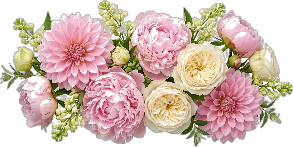 Frische handgebundene Dahlien, Pfingstrosen und Rosenblüten im Maison des Fleurs Kiel